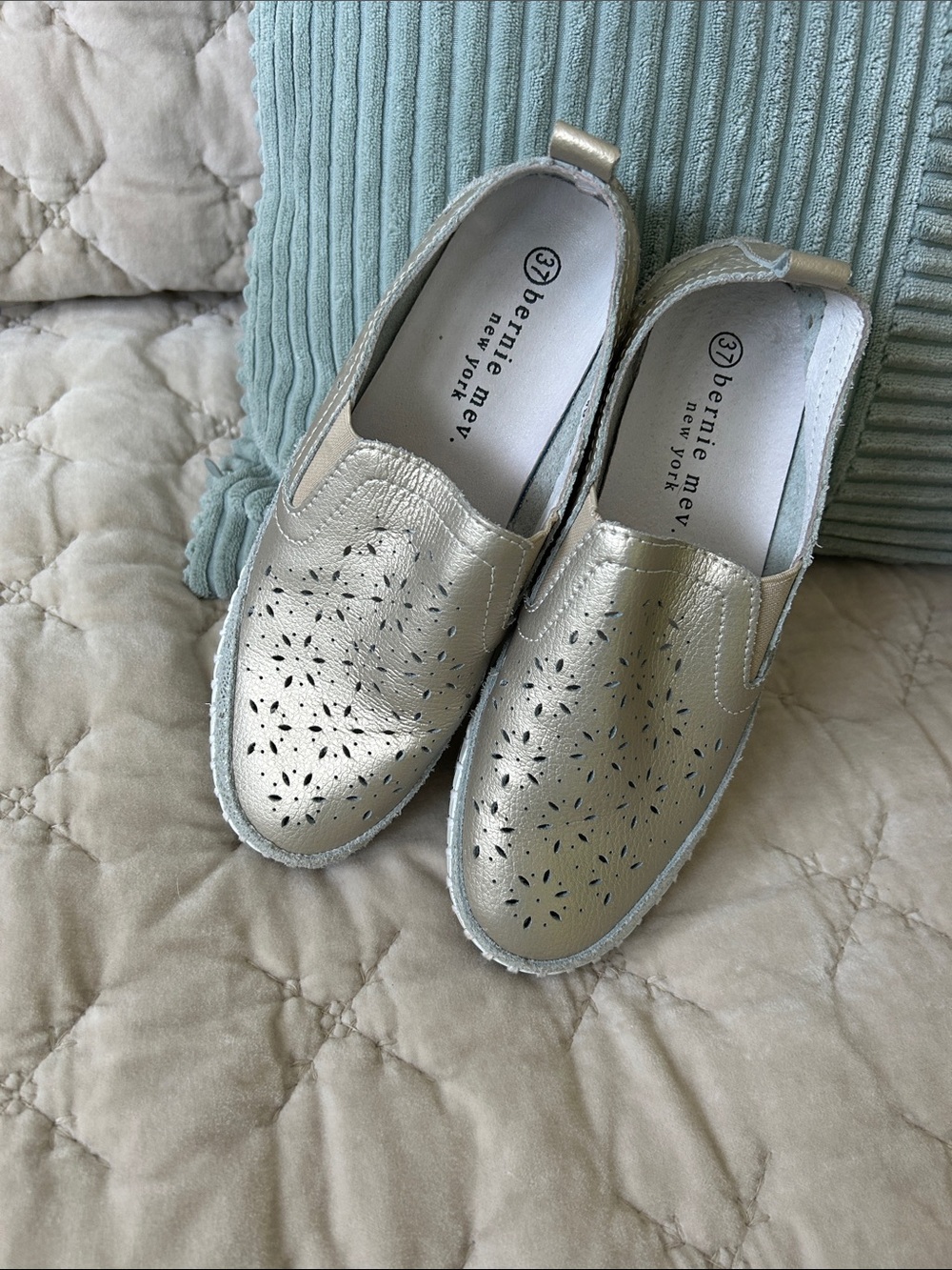 bernie mev. Metallic Silver Perforated Slip-On Loafers